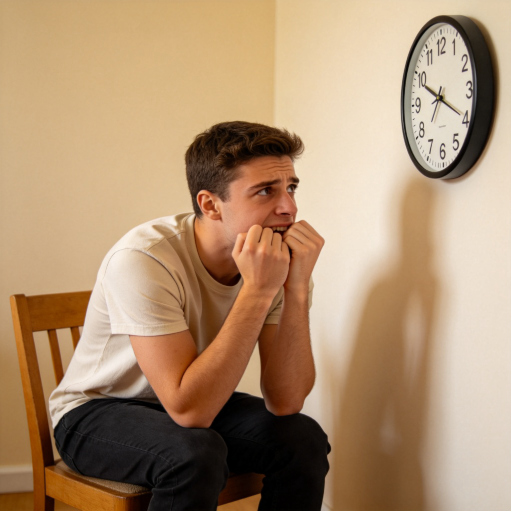 A young adult sitting on a chair, looking nervously at a clock on the wall, biting their nails. They are waiting in a plain room, body language showing tension. Soft lighting, realistic style, focus on the worried expression and the clock.