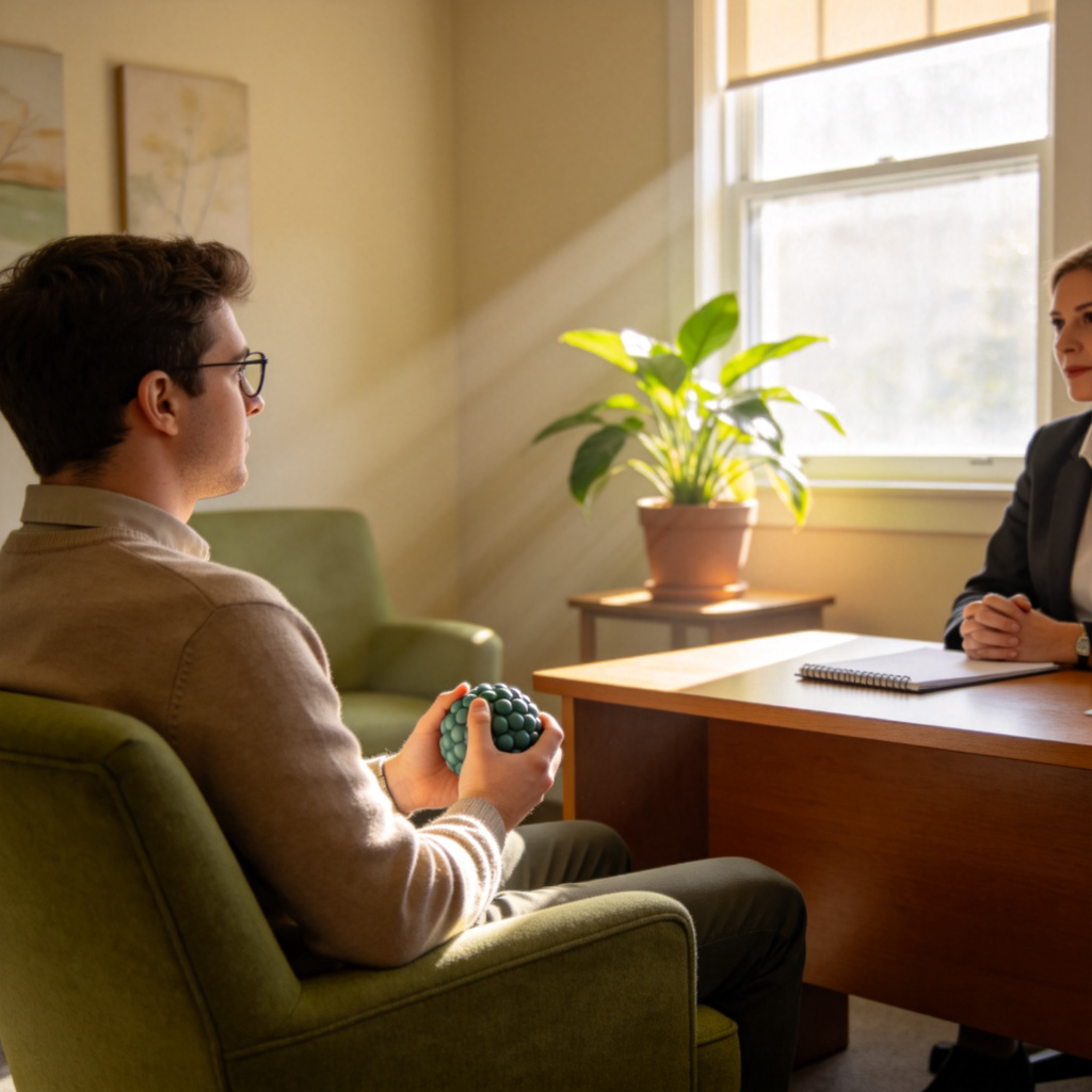 A calm scene in a counselor's office. A person is sitting comfortably across from a professional, holding a stress ball. Sunlight filters through the window onto a plant, creating a safe and supportive atmosphere. Realistic style, focus on the supportive interaction.