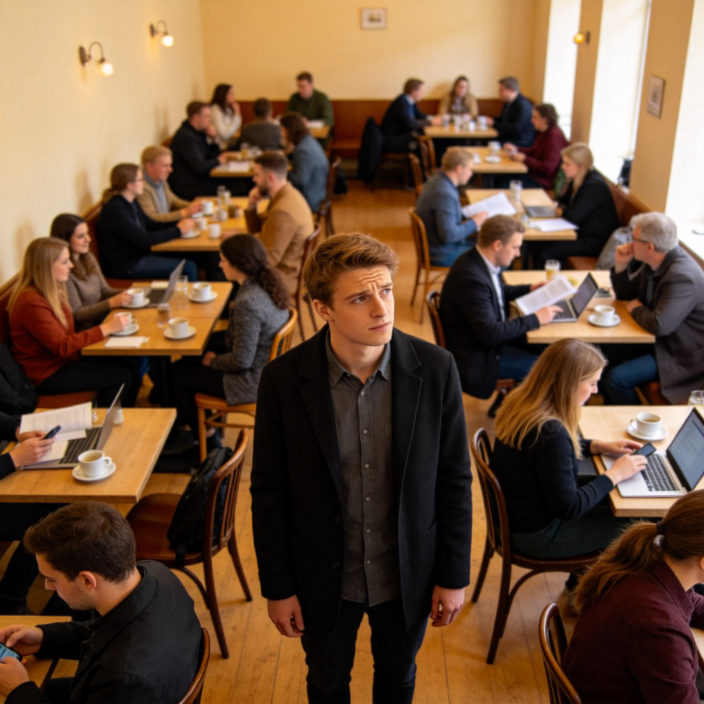 A person looking around a crowded café, searching for an empty seat with a slight frown. The café is bright with many people sitting at tables. No text in the image.