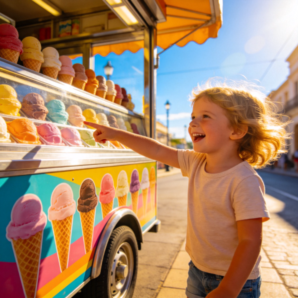 A happy child standing in front of a colorful ice cream cart with many different flavor options, pointing excitedly at the display. The scene is sunny and cheerful. No text.