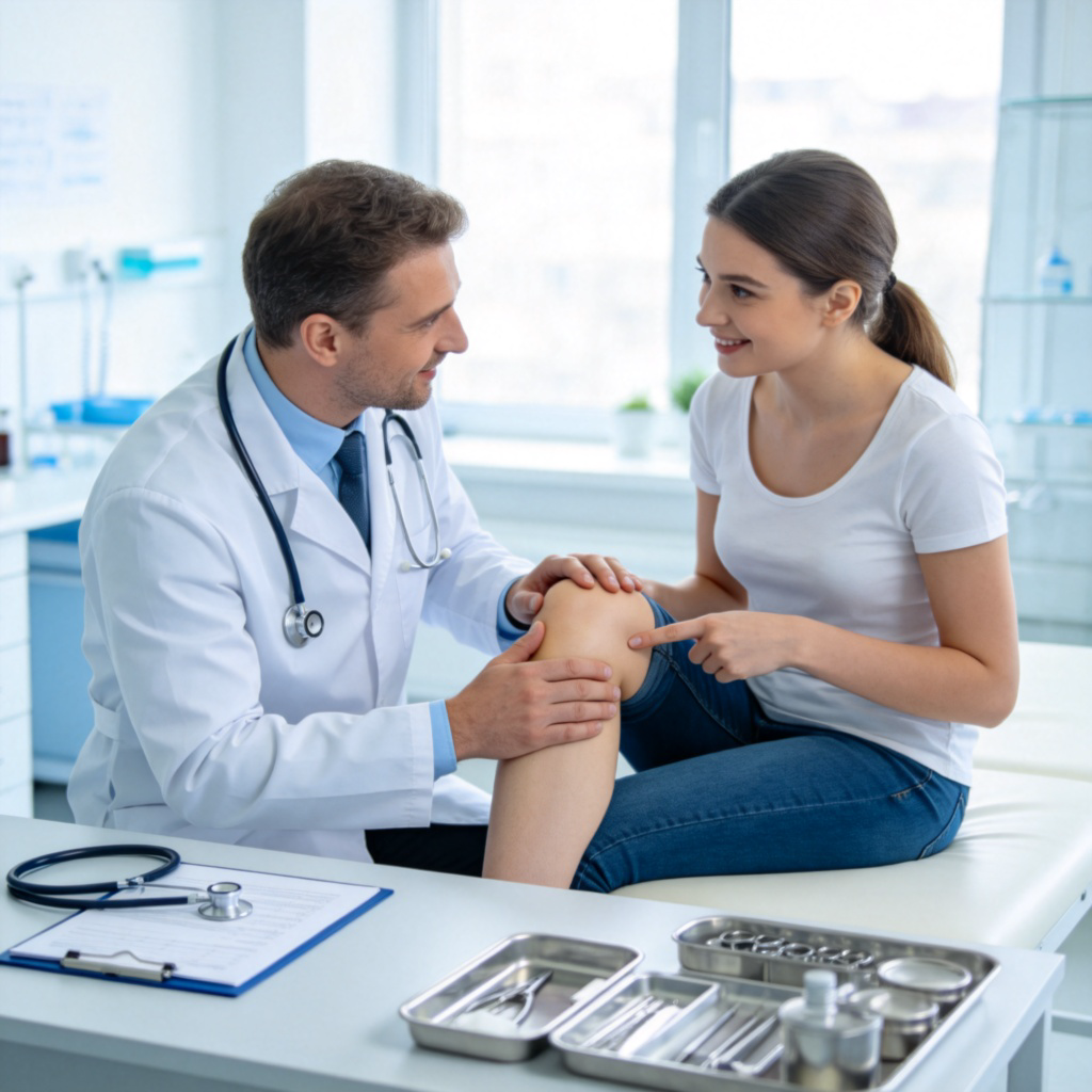 A doctor in a clinic gently checking a patient's knee, with the patient looking hopeful and pointing to the area. Clean, medical environment. No text.