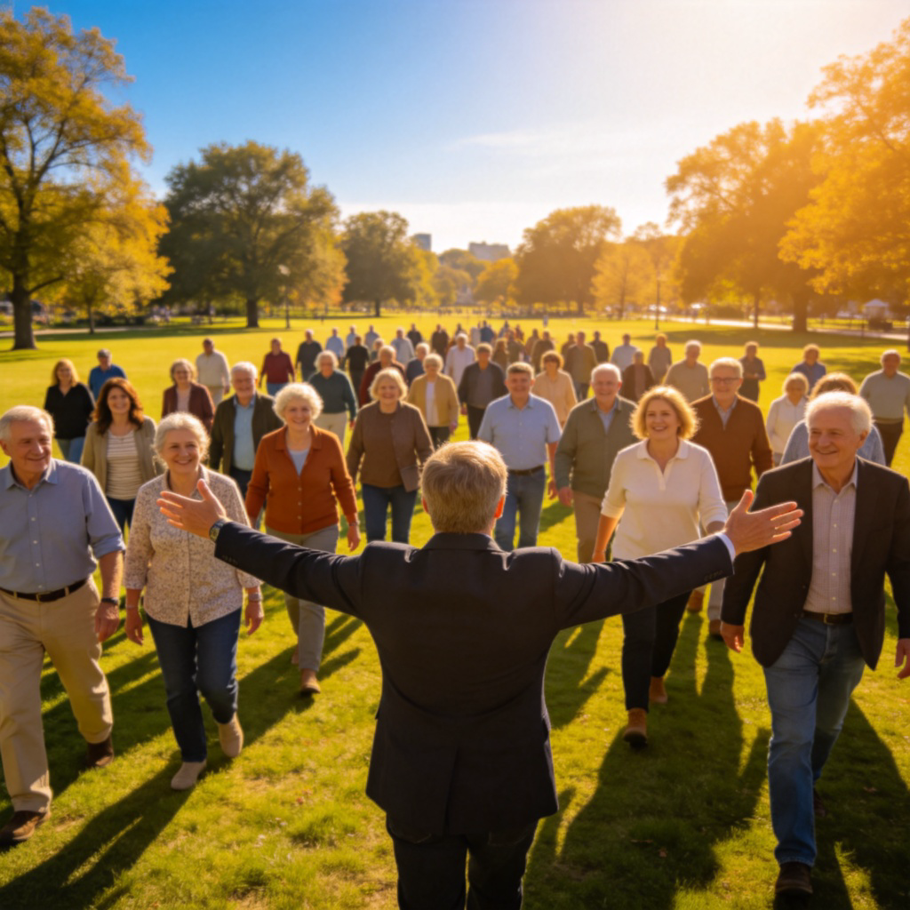 A friendly community event organizer, arms open in a welcoming gesture, standing in front of a diverse group of people of different ages and backgrounds who are approaching. Sunny day in a public park, focus on the organizer's inclusive gesture and the varied crowd. No text.