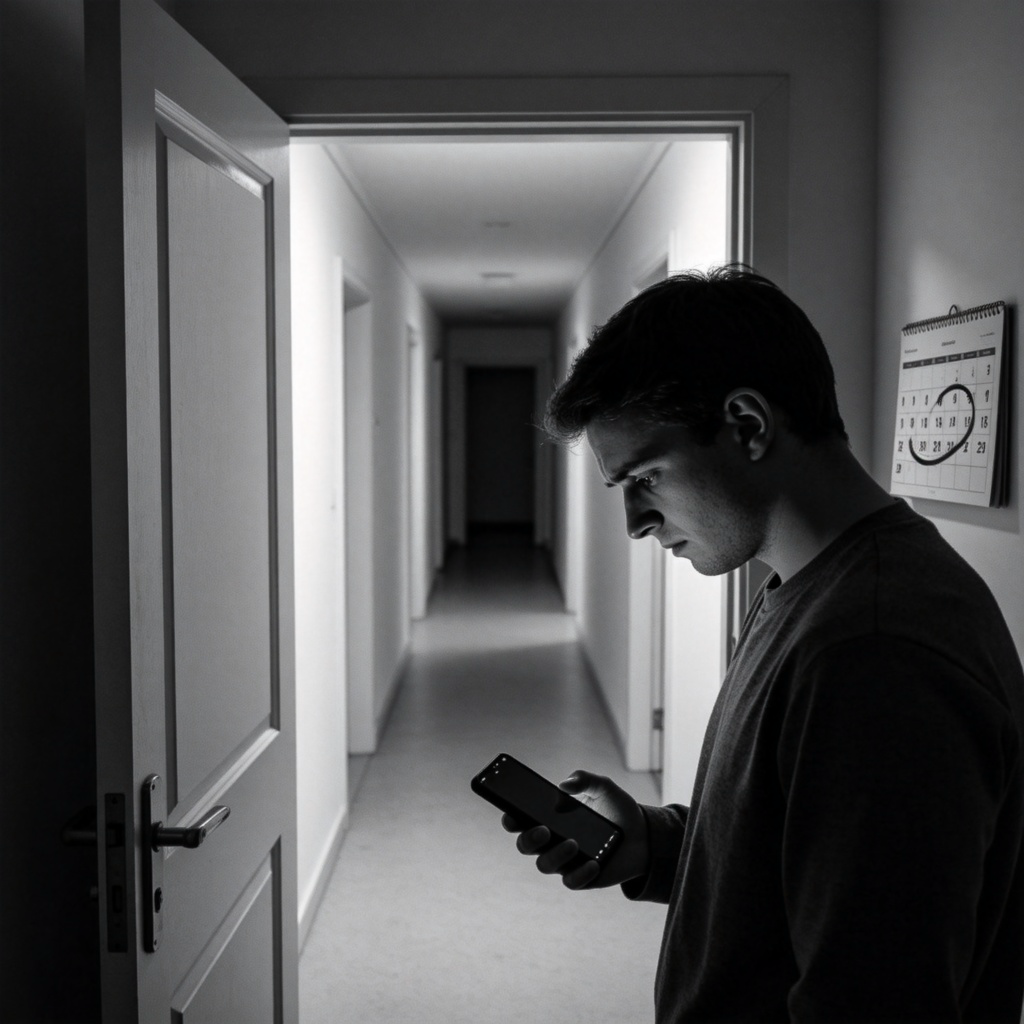 A person standing by an open door, looking down an empty hallway with a disappointed expression. They hold a phone in their hand, but the screen is dark. A small calendar on the nearby wall shows a date circled from a week ago. The lighting is soft evening light, creating a sense of something being over. Shot in a realistic style, black and white filter, focus on the person's face and the empty space they are looking at. No text.