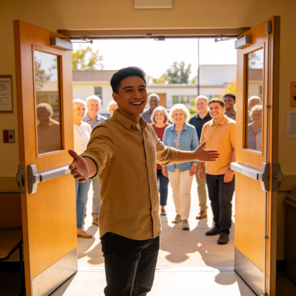 A cheerful person standing in front of an open door, gesturing with an open arm towards a diverse group of people of different ages and backgrounds who are approaching. The setting is a bright, welcoming community center entrance. The focus is on the inclusive gesture and the open door, symbolizing that entry is open to all. Sunny daylight, simple background.