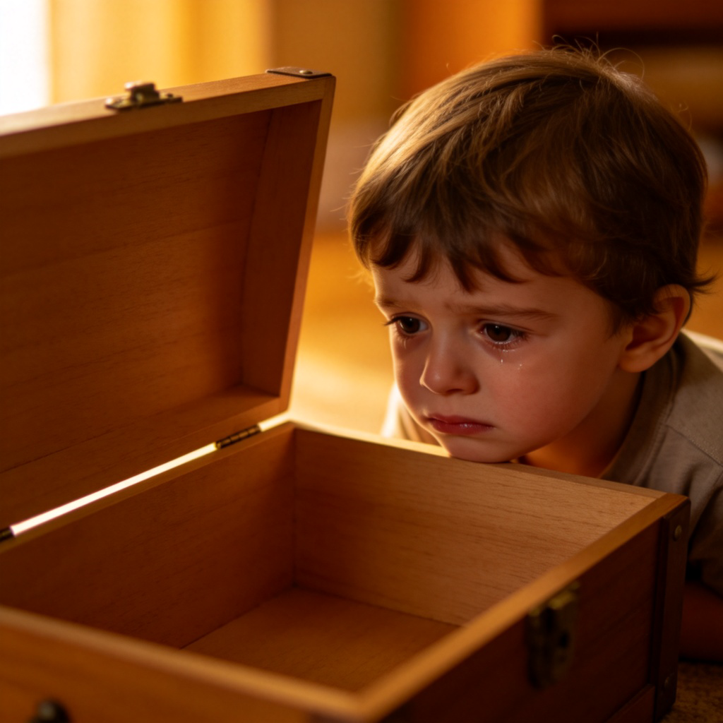 A young child looking into a large, completely empty wooden toy chest with a sad and disappointed expression. The chest is open, showing nothing inside. Warm room lighting, focus on the child's face and the empty space. No text.