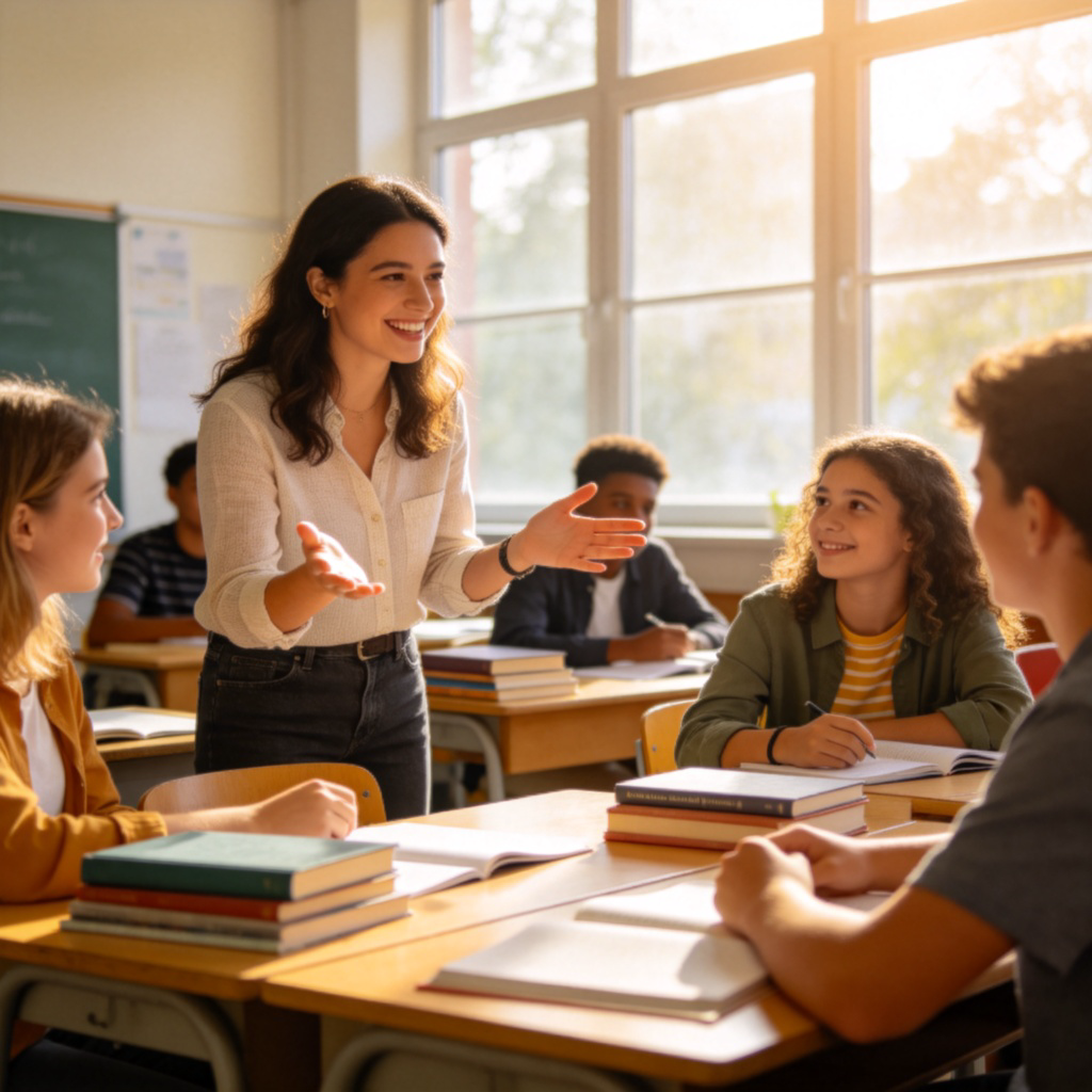 A friendly teacher smiling and gesturing with open hands towards a diverse group of students in a bright classroom. The gesture invites questions, suggesting openness. Natural light from windows, books on desks. No text.