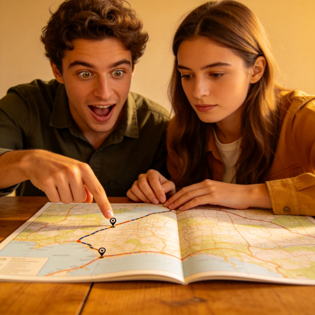 Two friends sitting at a table with a map open. One is pointing at a location far off the marked route, looking excited. The other is gently guiding the first friend's finger back to the original planned path on the map, with a calm, focused expression. The scene is warm and friendly. No text.