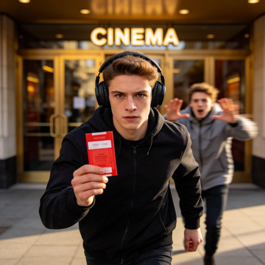 A determined person wearing headphones, holding a movie ticket, walking confidently towards a cinema entrance. In the background, slightly blurred, another person is gesturing as if trying to tell them something, but the main person is not paying attention. Focus is on the determined expression and the ticket. Natural lighting, clear action. No text.