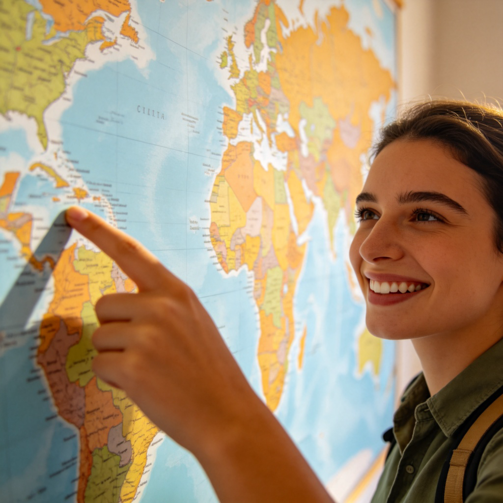 A traveler standing in front of a large world map on a wall, pointing a finger at the map with a smile. The map shows different continents and countries. The scene is bright and cheerful, suggesting adventure. Close-up on the finger touching the map, with the world in the background. No text or logos.
