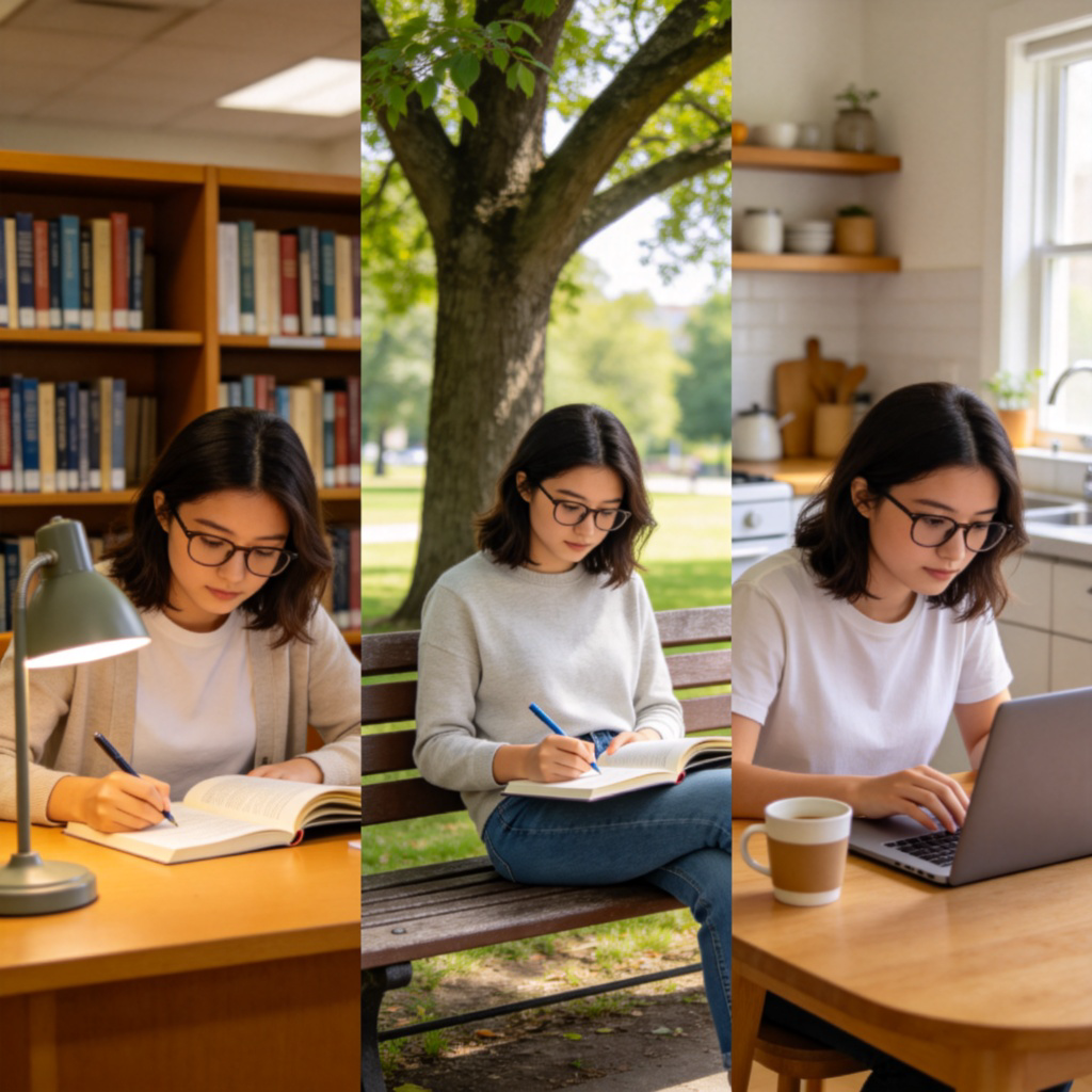 A collage-style image showing the same student studying in three different environments: at a library desk, on a park bench under a tree, and at a cozy kitchen table at home. Each scene is clean, bright, and focused on the act of reading or writing. The images are arranged side by side, emphasizing the idea of 'any location'. No text.