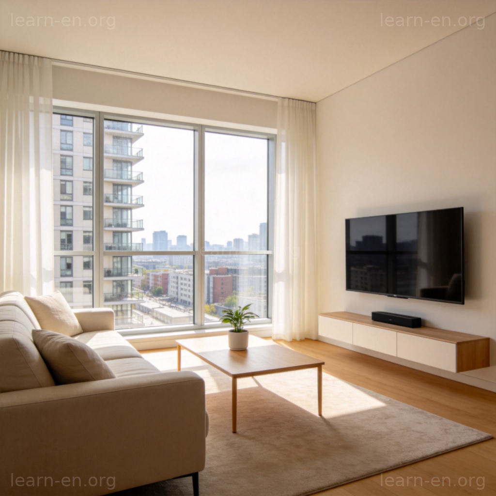 apartment 公寓图解：现代客厅与城市景观，展示完整居住空间