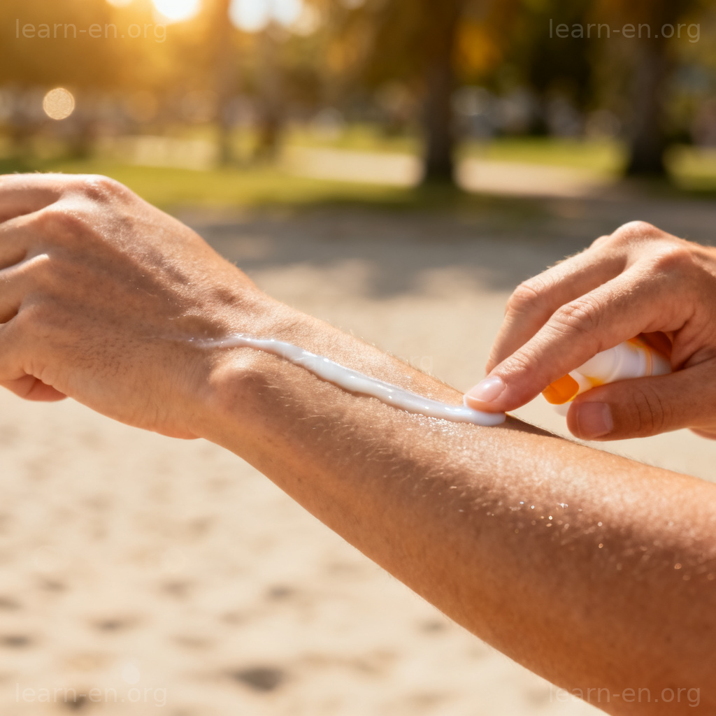 Act of applying meaning demonstrated by a hand applying sunscreen lotion to skin.