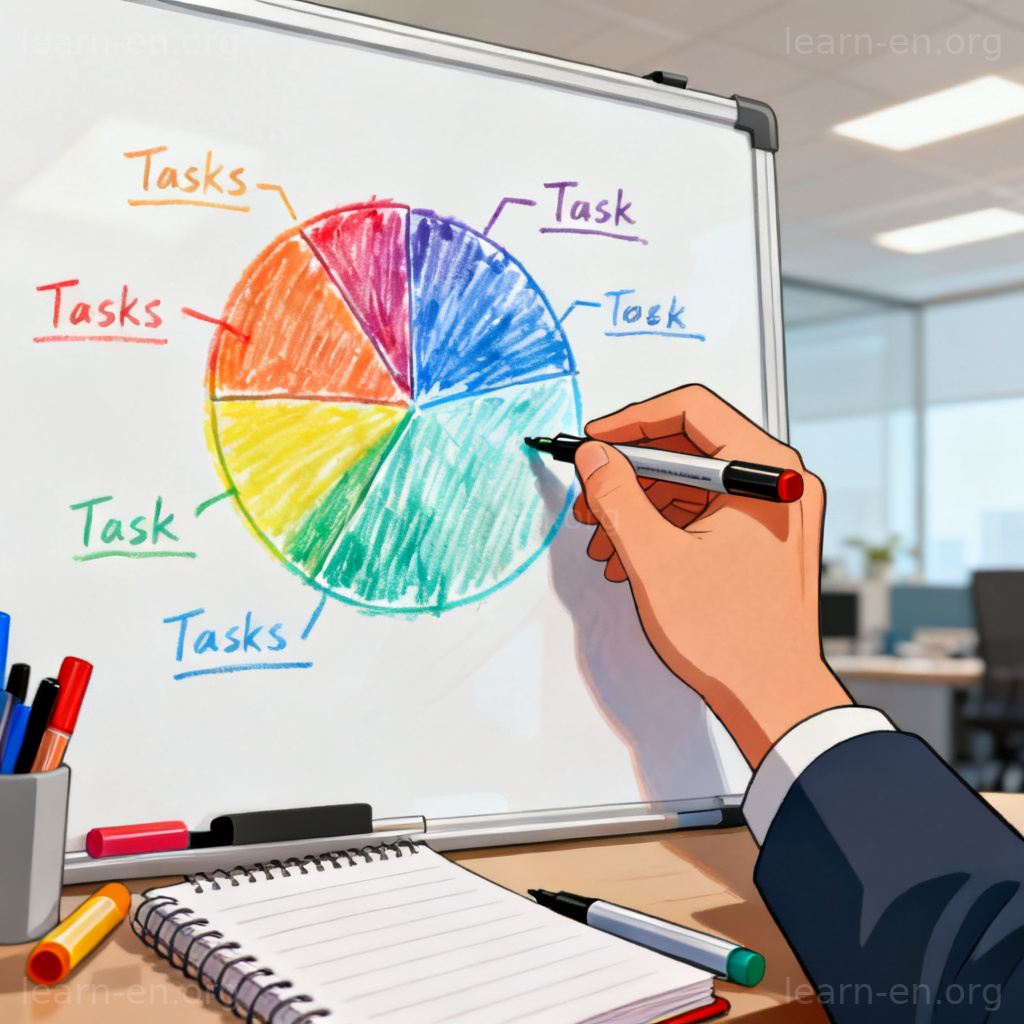 Apportion meaning shown by allocating time and tasks in a pie chart.