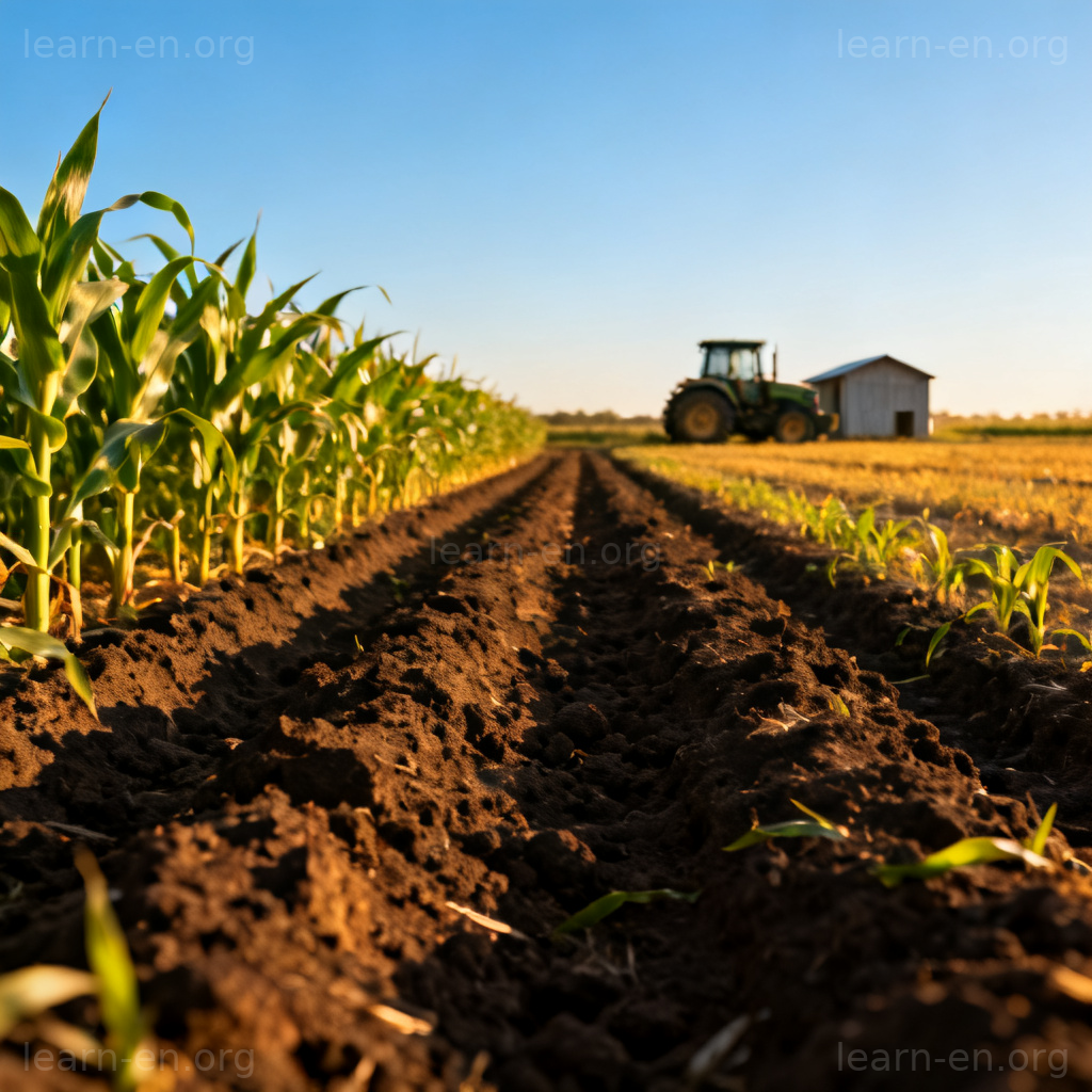 Arable land illustrated by a sunlit farm with rows of corn growing in rich, dark soil.