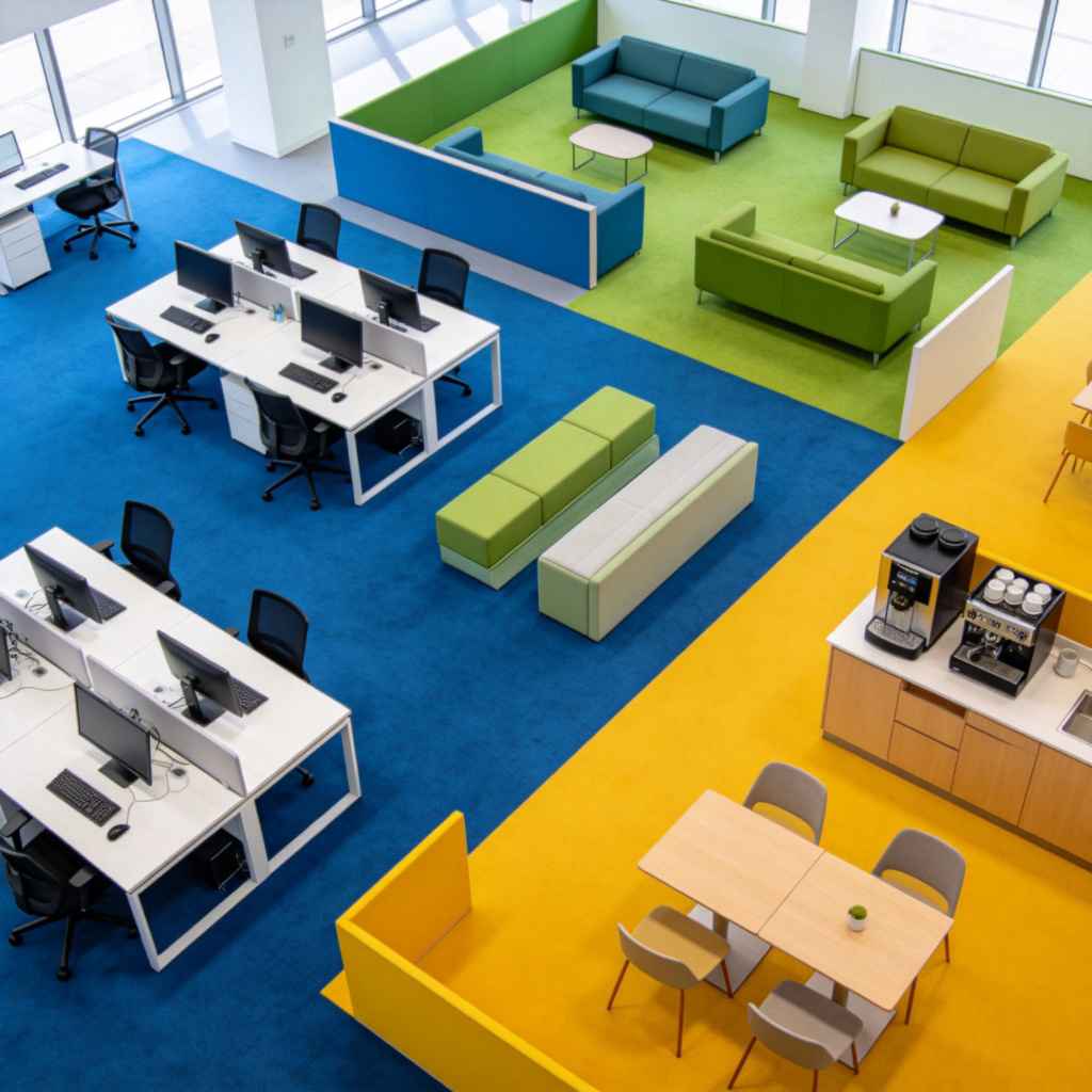 A top-down view of a large, open-plan office. Different sections of the office are clearly defined by the colors of the carpets or low partitions. One area has blue carpets and desks with computers, another has green carpets and sofas for relaxing, and a third has a yellow carpet with a coffee machine and tables. The lighting is bright and even.