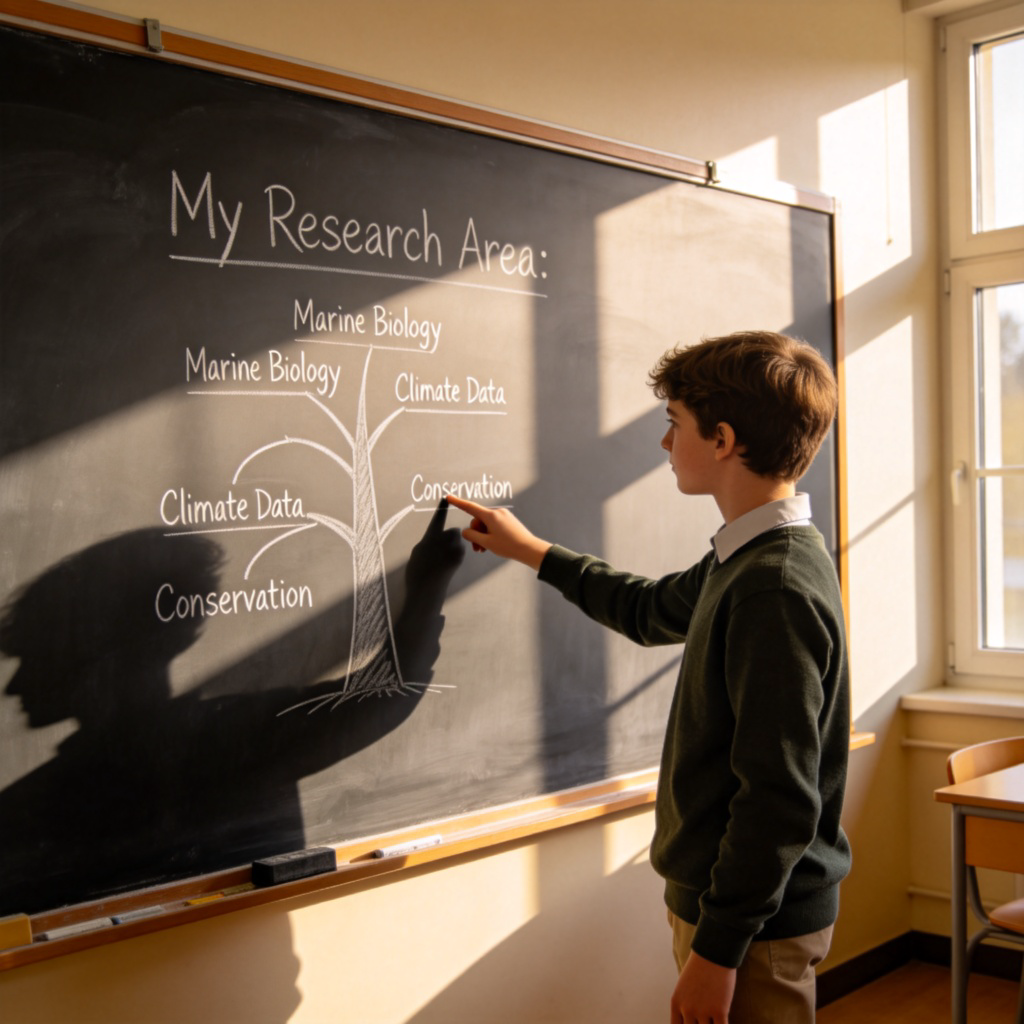A student standing in front of a large blackboard in a classroom. On the blackboard, the words "My Research Area:" are written at the top, with a drawing of a tree branching out into different labeled sections below, such as "Marine Biology," "Climate Data," and "Conservation." The student is pointing to the "Marine Biology" branch. Sunlight streams through a window.