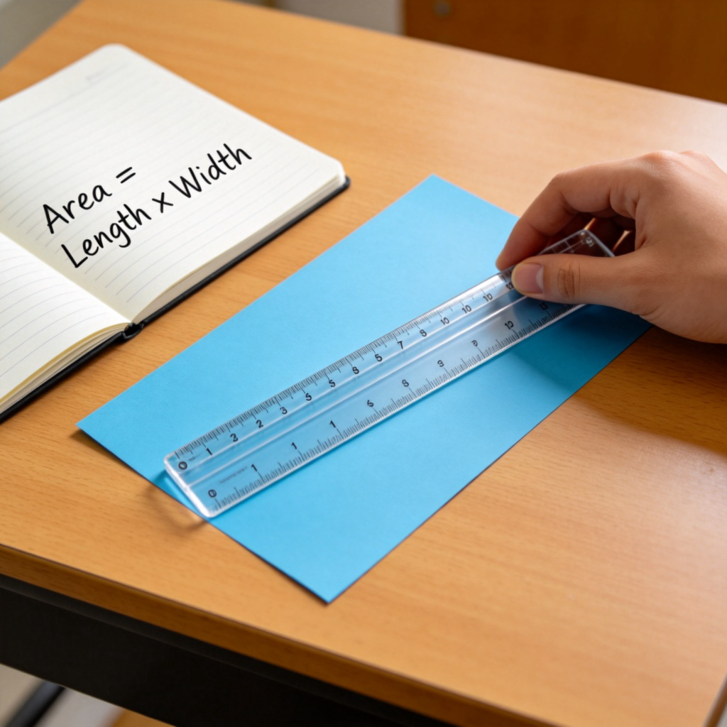 A close-up, overhead view of a hand using a ruler to measure a flat, blue, rectangular piece of paper on a wooden desk. The ruler shows the length and width. Next to the paper, a simple equation is written on a notepad: "Area = Length x Width." The focus is on the measurement process.
