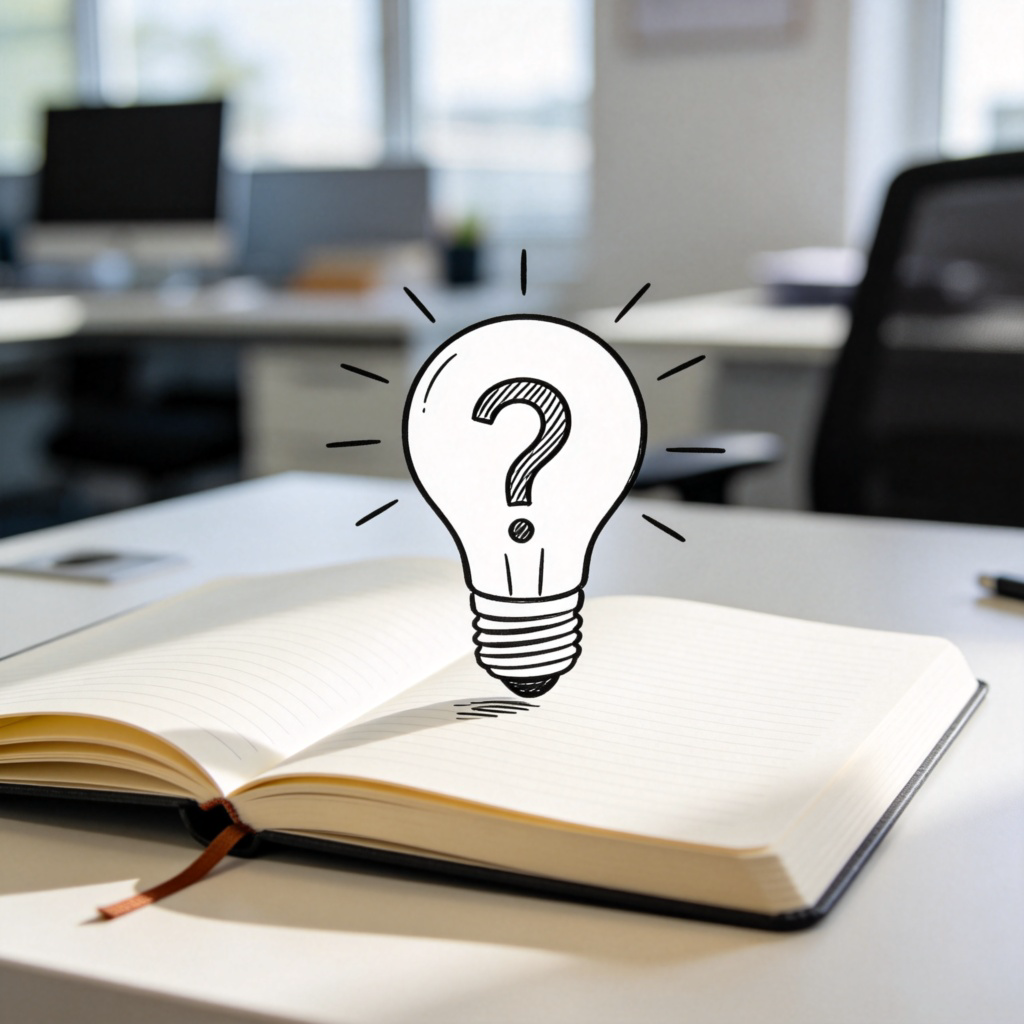 A close-up of an open notebook on a desk. A simple, hand-drawn lightbulb appears above the page, with a question mark sketched inside the bulb. The background is a clean, soft-focus office environment. Bright, clear lighting. No text.