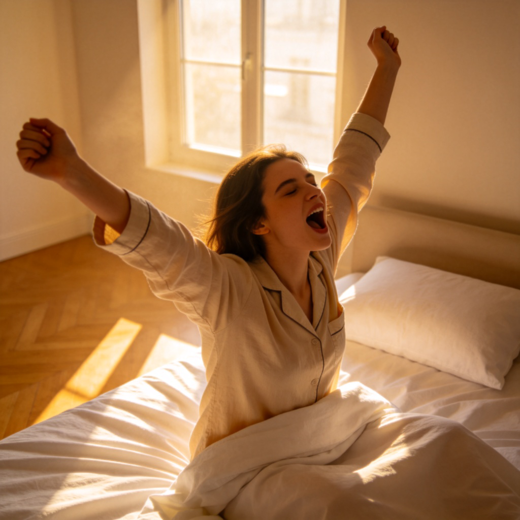A person in comfortable pajamas stretching and yawning while getting out of a neatly made bed. Morning sunlight streams through a window onto the floor. Warm, inviting atmosphere. Focus on the action of rising. No text.