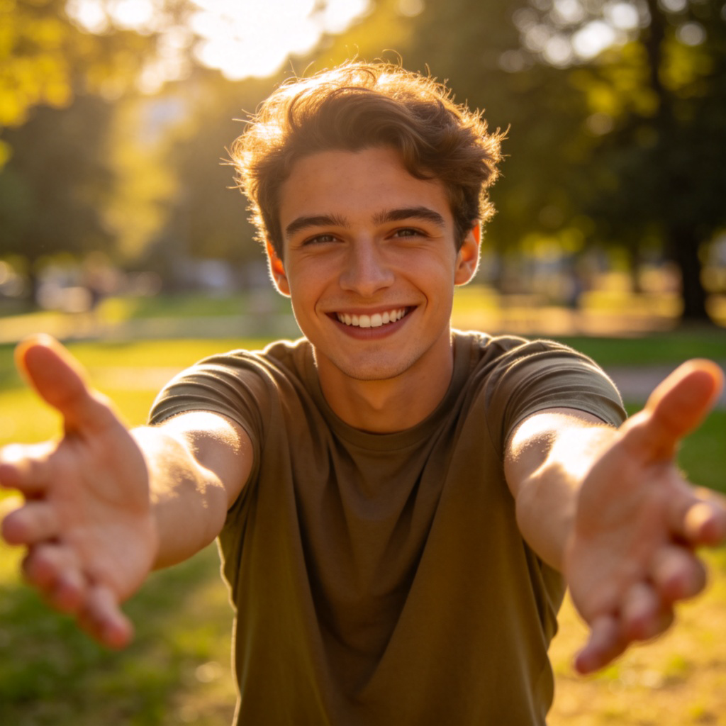 A happy person extending both arms wide open in a welcoming gesture, perhaps in a sunny park. The focus is clearly on the person's arms from shoulders to hands, wearing casual short sleeves. Natural lighting, friendly smile, background blurred. No text.