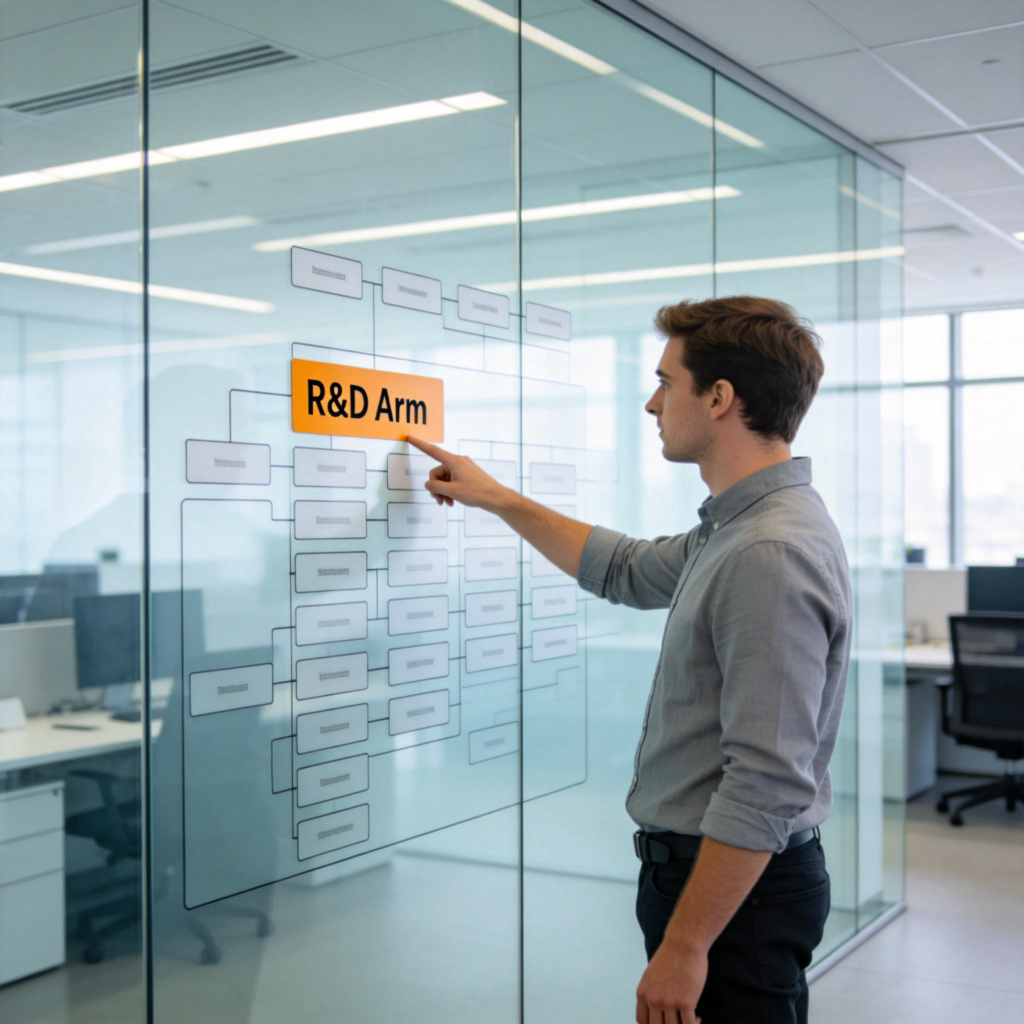 A modern, clean office environment with a clear organizational chart on a glass wall. One section of the chart, labeled 'R&D Arm', is highlighted in a different color. The image shows a person in business casual attire pointing to that section. Bright office lighting, sharp focus on the chart. No text or logos visible.