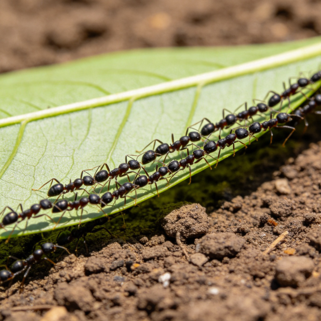 A macro, close-up view showing hundreds of tiny black ants working together to carry a large green leaf across a patch of soil. The focus is on their collective, organized movement. Bright natural daylight. No text.