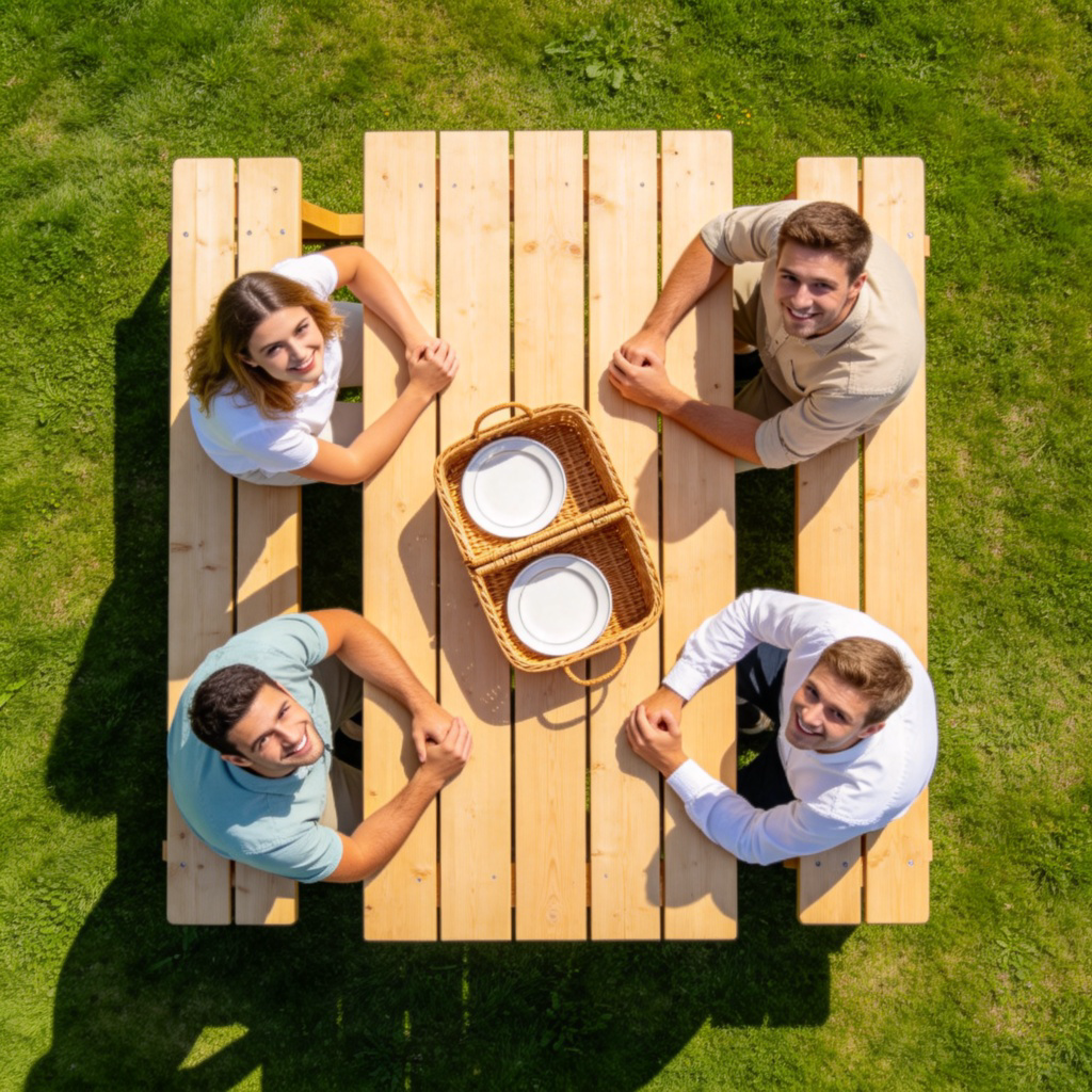 A top-down view of a wooden picnic table in a sunny park. Four people are sitting on benches, one on each side of the table, clearly positioned *around* it. A picnic basket and plates are on the table. Green grass background. Clean, bright, and cheerful style.