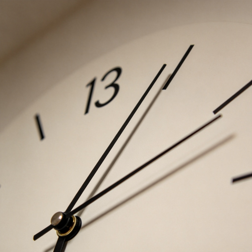 A close-up of an analog clock on a plain wall. The clock's hour hand is pointing directly at the number 3, but the minute hand is pointing slightly before the 12, at about 2:58. The image conveys the idea of "around 3 o'clock". Minimalist style, soft focus on the clock hands.