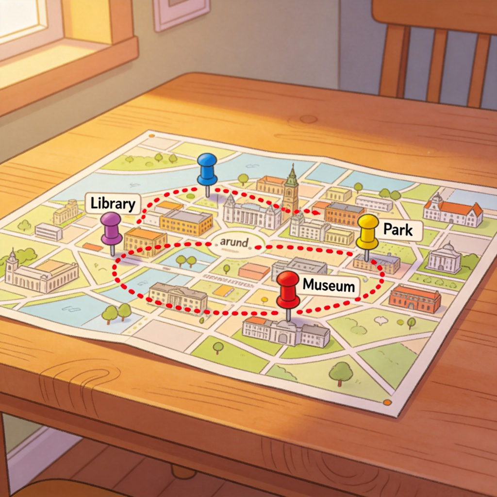 An illustrated map of a small city center, spread out on a table. Several colorful push pins are stuck in different locations on the map like the library, park, and museum, with red dotted lines loosely connecting them in a non-straight path. This visual suggests planning a tour “around“ the city. Warm, inviting lighting.
