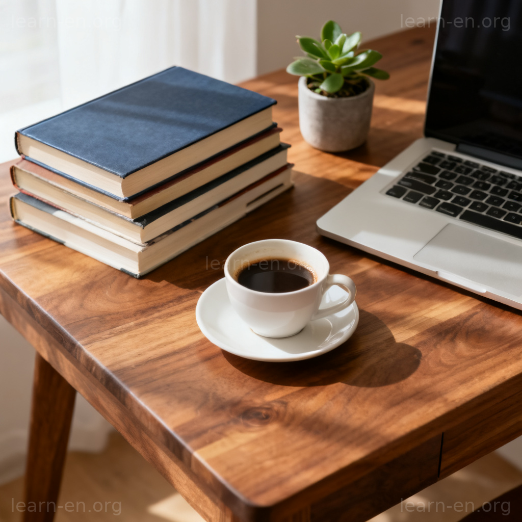 Arrangement as a layout: a neatly organized desk with books and laptop.