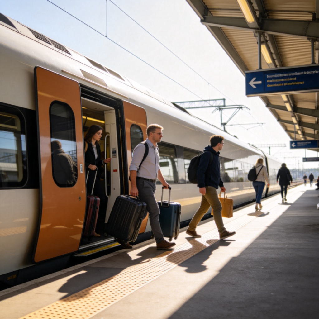 A modern train pulling into a sunny, clean railway station platform. The doors are opening, and a few passengers are stepping out with luggage. Focus on the moment of the train stopping and people getting off. The station signs are visible but no specific text is readable. Bright, clear daylight.