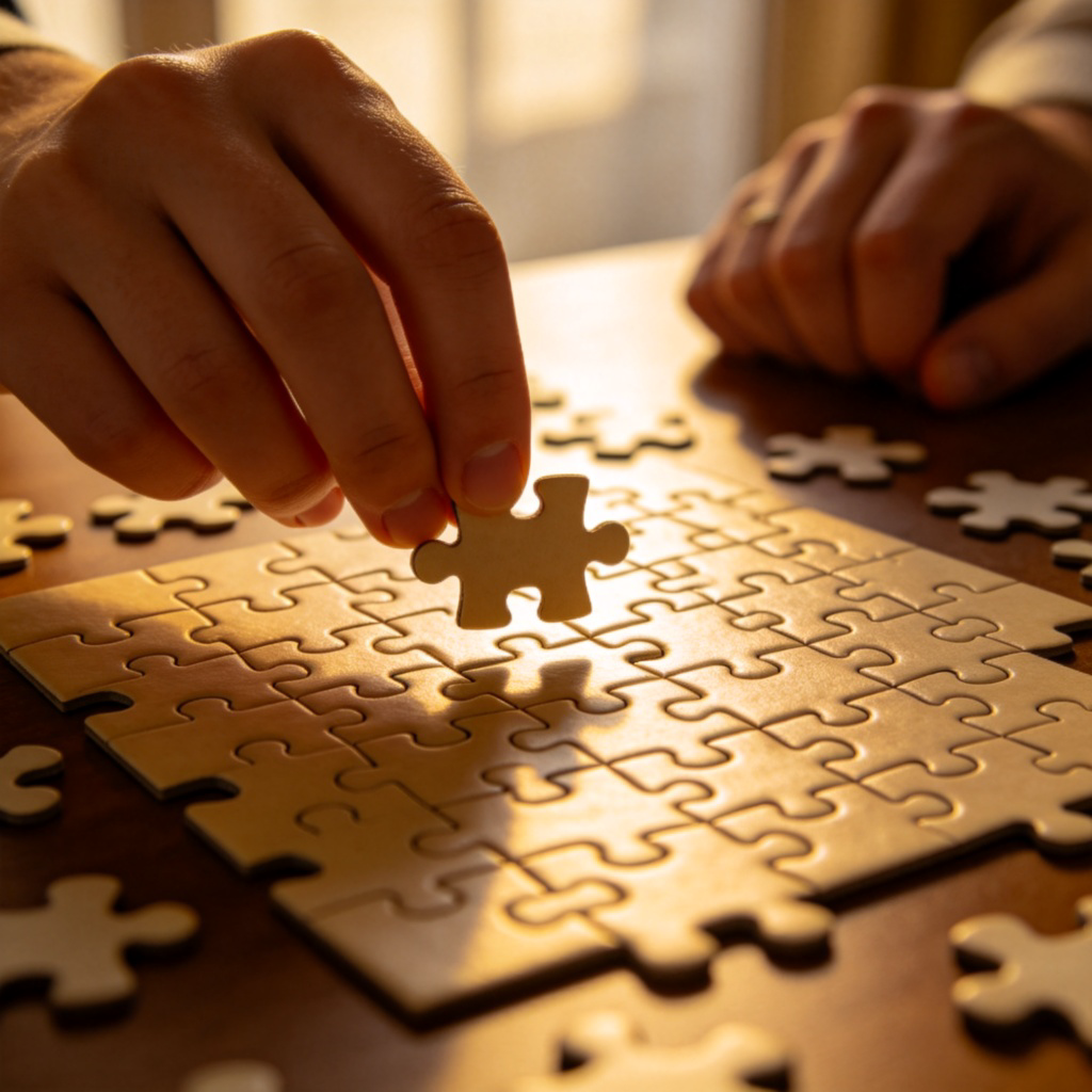 A person's hand placing the final piece of a jigsaw puzzle onto a table, completing the picture. The surrounding pieces are all connected. The scene symbolizes achieving a goal or reaching a conclusion. Soft focus on the hands and the completed puzzle center, warm indoor lighting.