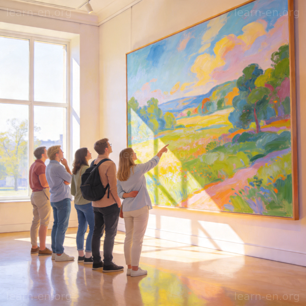 Art gallery visitors admiring a colorful oil painting landscape