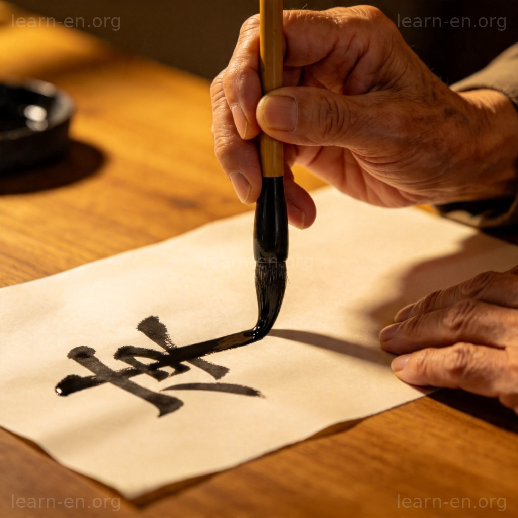 Elderly hands skillfully practicing Chinese calligraphy with brush