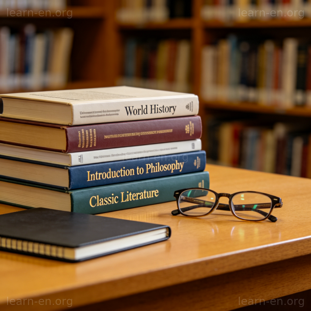Stack of university textbooks on history philosophy and literature