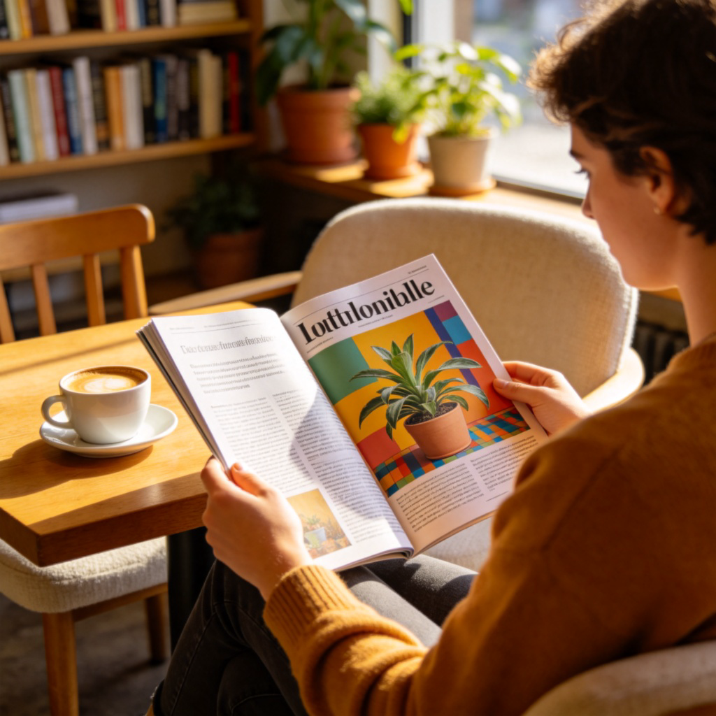A person sitting in a cozy cafe, reading a colorful lifestyle magazine open to a page with a headline and an image of a plant. The focus is on the magazine page showing the text of the article. Natural morning light, casual atmosphere. No text on the image.