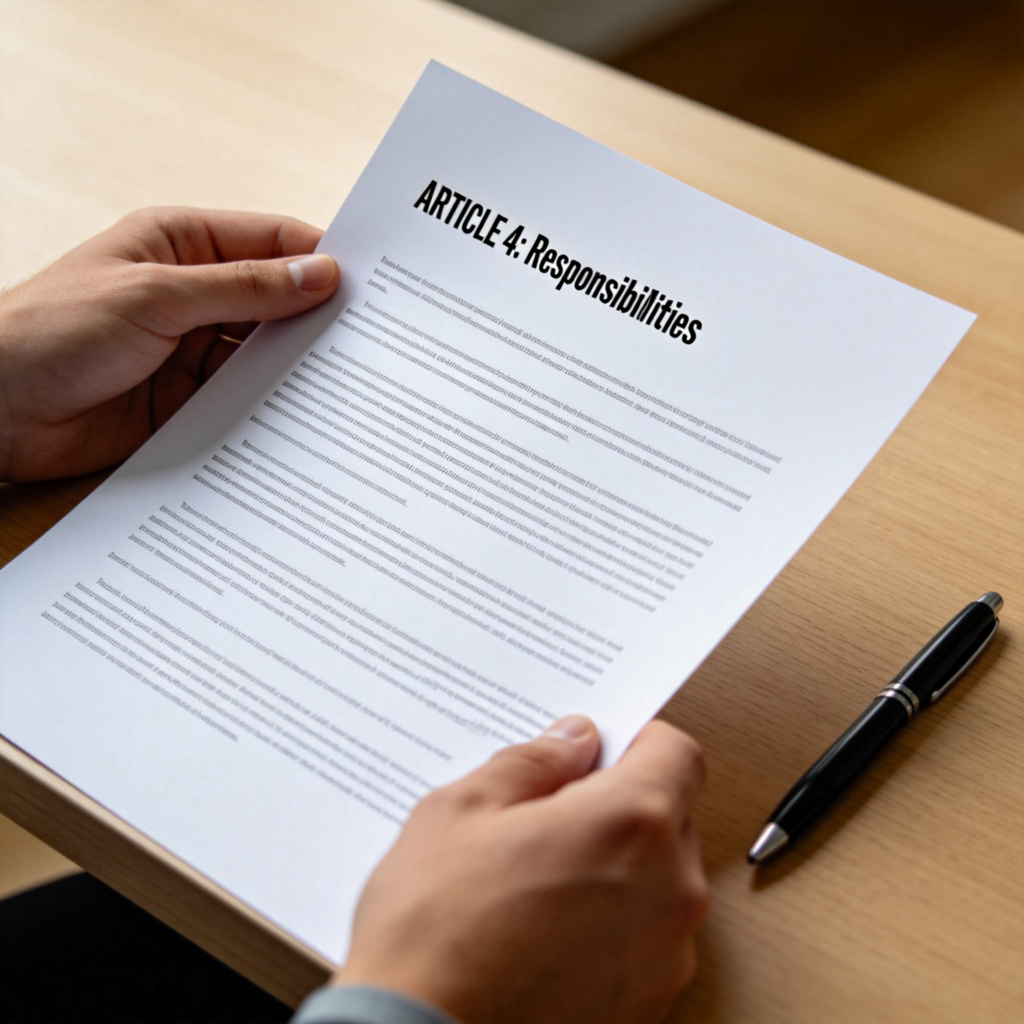 A close-up of a person's hands holding a formal printed contract. The page is clearly visible, showing a bold heading 'ARTICLE 4: Responsibilities' followed by typed paragraphs. A pen rests nearby. Plain wooden desk background, sharp focus on the text. No faces visible.