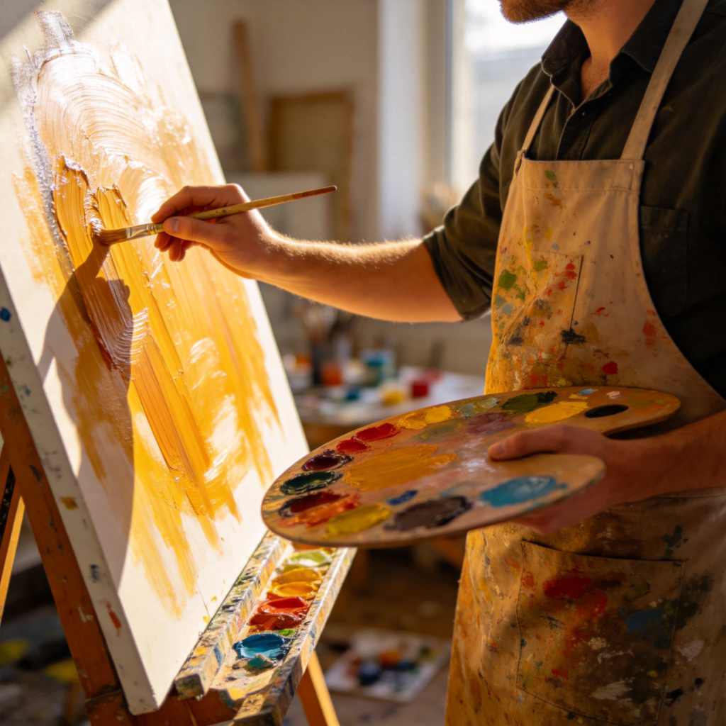 A person wearing a paint-stained apron, standing at an easel in a bright, sunlit studio. They are in the middle of applying bold strokes of oil paint to a large canvas. The focus is on their hands and the vibrant colors on the palette and canvas. No text.
