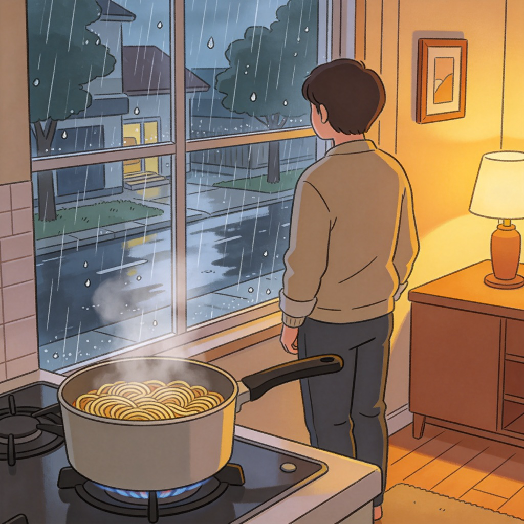 A person standing inside a cozy home, looking out of a window at a rainy street. A pot of noodles is cooking on the stove in the foreground, steam rising. The warm indoor scene contrasts with the wet outdoor view. Simple illustration, clear cause-and-effect relationship. No text.