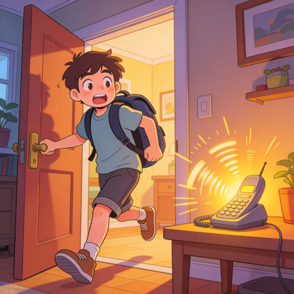 A person with a backpack, one hand on the door handle to leave a house. At the exact same moment, a phone on a nearby table is lit up and ringing. The scene captures the instant of two events coinciding. Bright, cartoonish style to show simultaneity. No text.