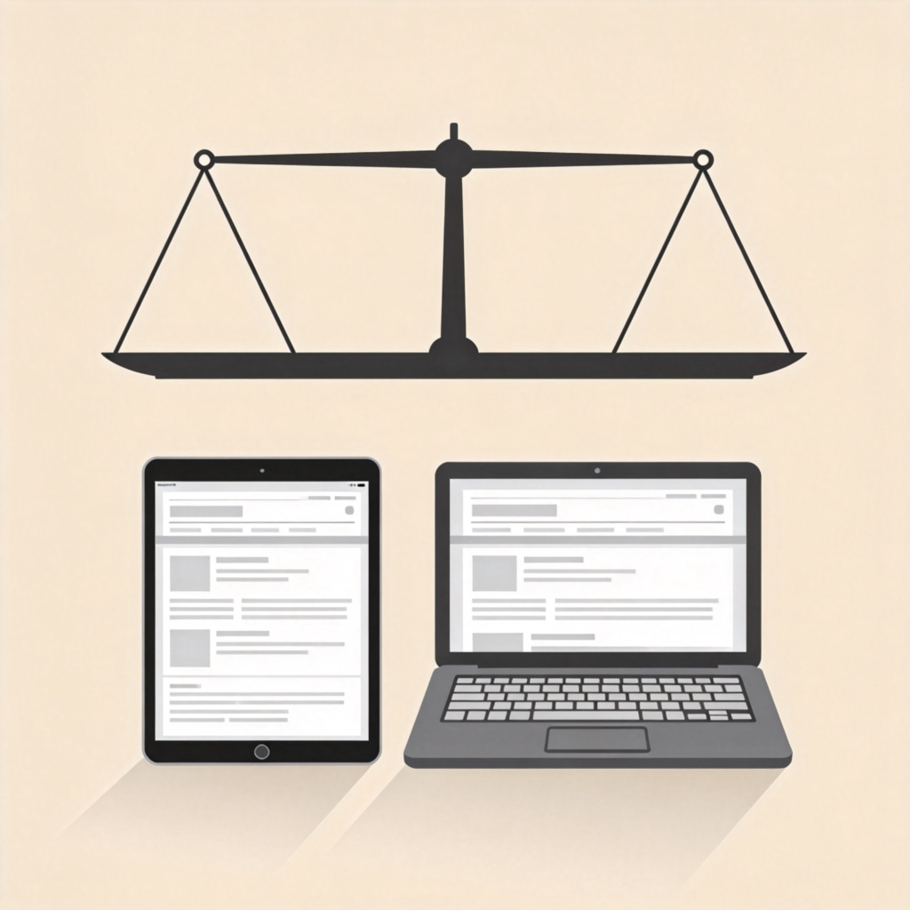 A side-by-side comparison of two objects, like a new tablet and an old laptop, both displaying the same webpage. Above them, a balance scale is perfectly level, visually representing equality. Clean, minimalist graphic design with a neutral background. No text.