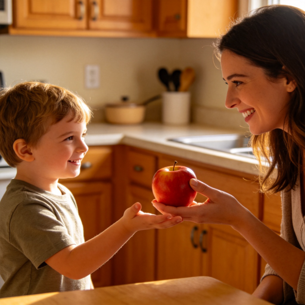 A young child politely reaching out with an open hand towards their mother who is holding a red apple, ready to hand it over. They are smiling in a warm, domestic kitchen setting. The focus is on the child's requesting gesture and the mother's responsive expression. Natural lighting.