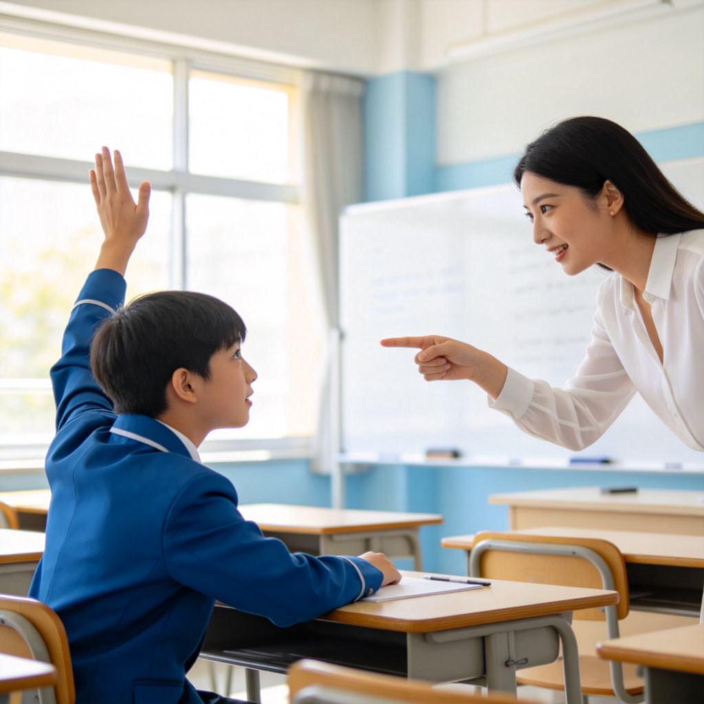 A student raising their hand in a bright, modern classroom, looking towards the teacher at the front. The teacher is pointing at the student, indicating it's their turn to speak. The focus is on the student's questioning posture and the interaction. Clean, educational environment.