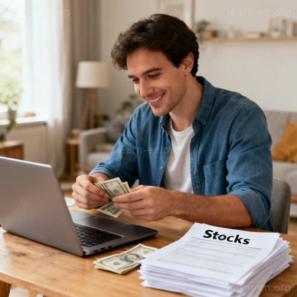 Asset illustration: person organizing valuable items like laptop, stocks, and cash.