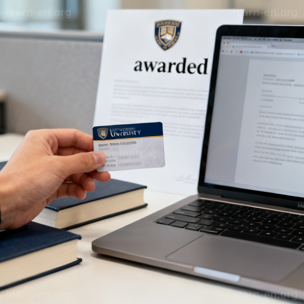 Assistantship financial aid: student ID, laptop, and award letter on a study desk