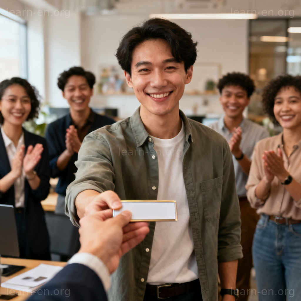 Assumption of a leadership role shown in an office promotion ceremony with colleagues.