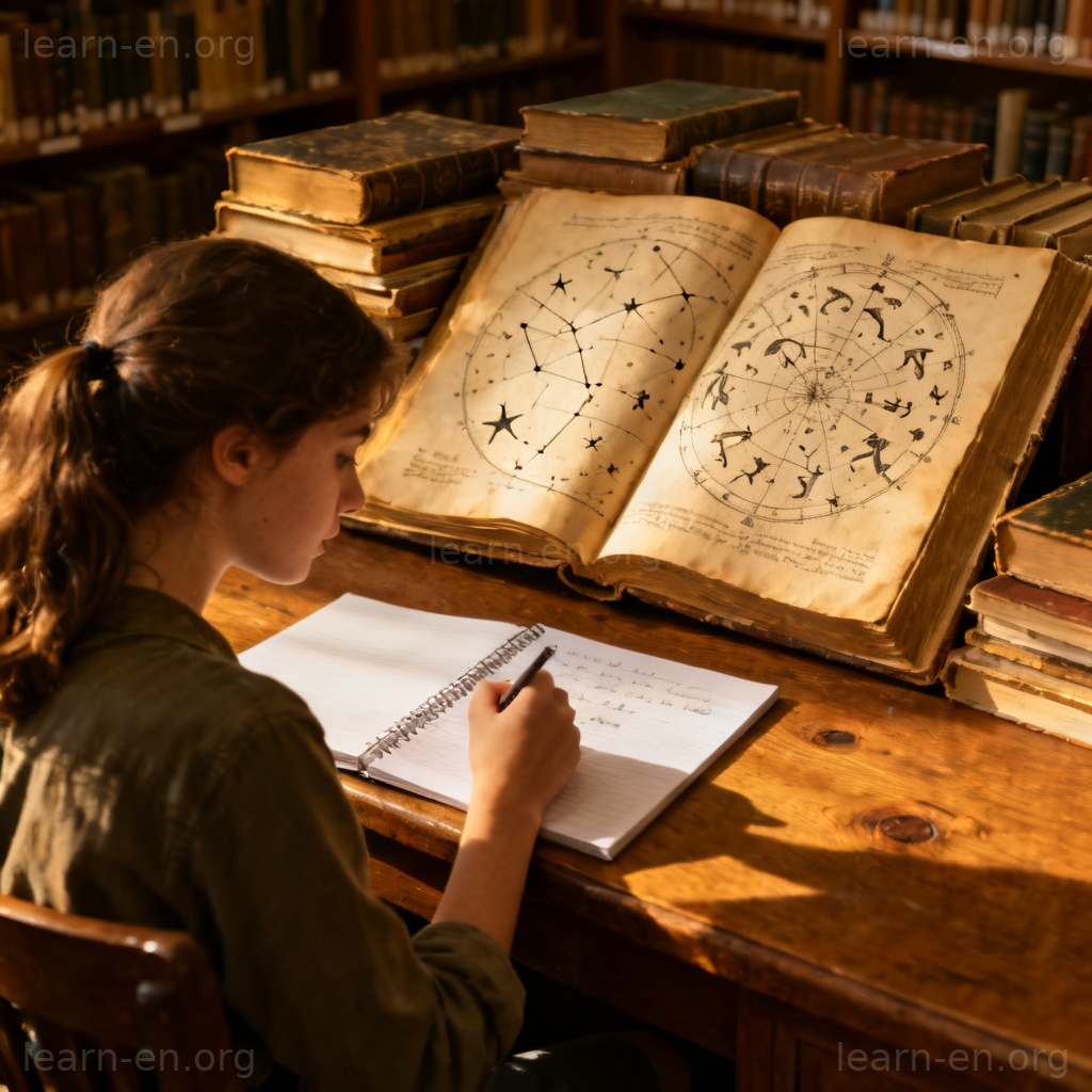 astrology 图解：图书馆中研究古代星图的学生