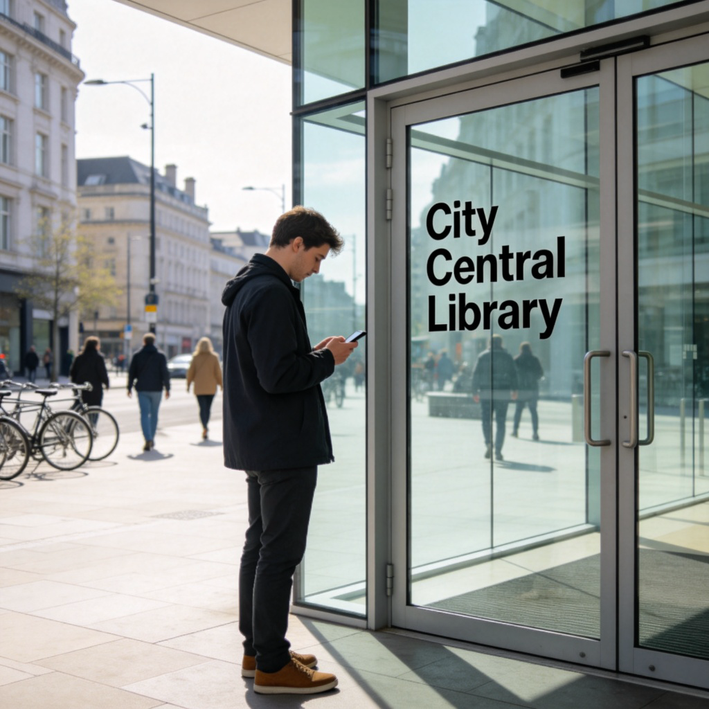 A person standing in front of a clearly marked glass door entrance of a modern library, looking at their phone as if waiting for someone. The focus is on the person and the door, with a simple urban street background. Bright daylight, realistic style.
