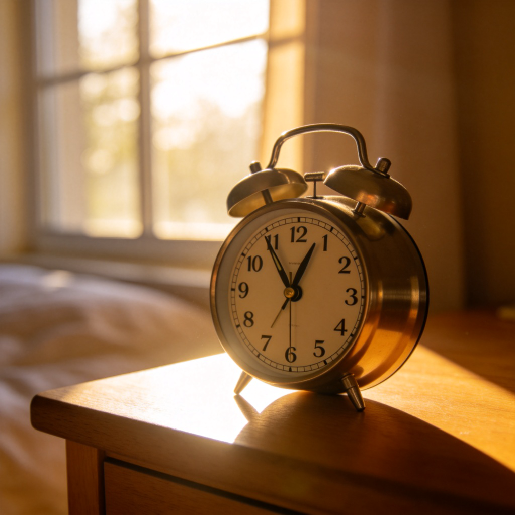 A close-up of an analog alarm clock on a bedside table, with the hour and minute hands clearly pointing to 7:00. Morning sunlight streams through a window, illuminating the clock face. The style is photorealistic.