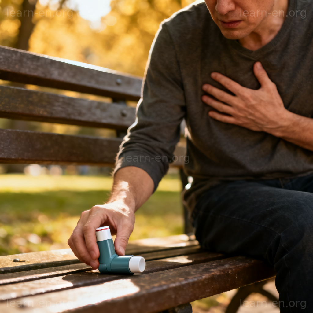 Attack vocabulary image: person experiencing a sudden asthma attack on a park bench.